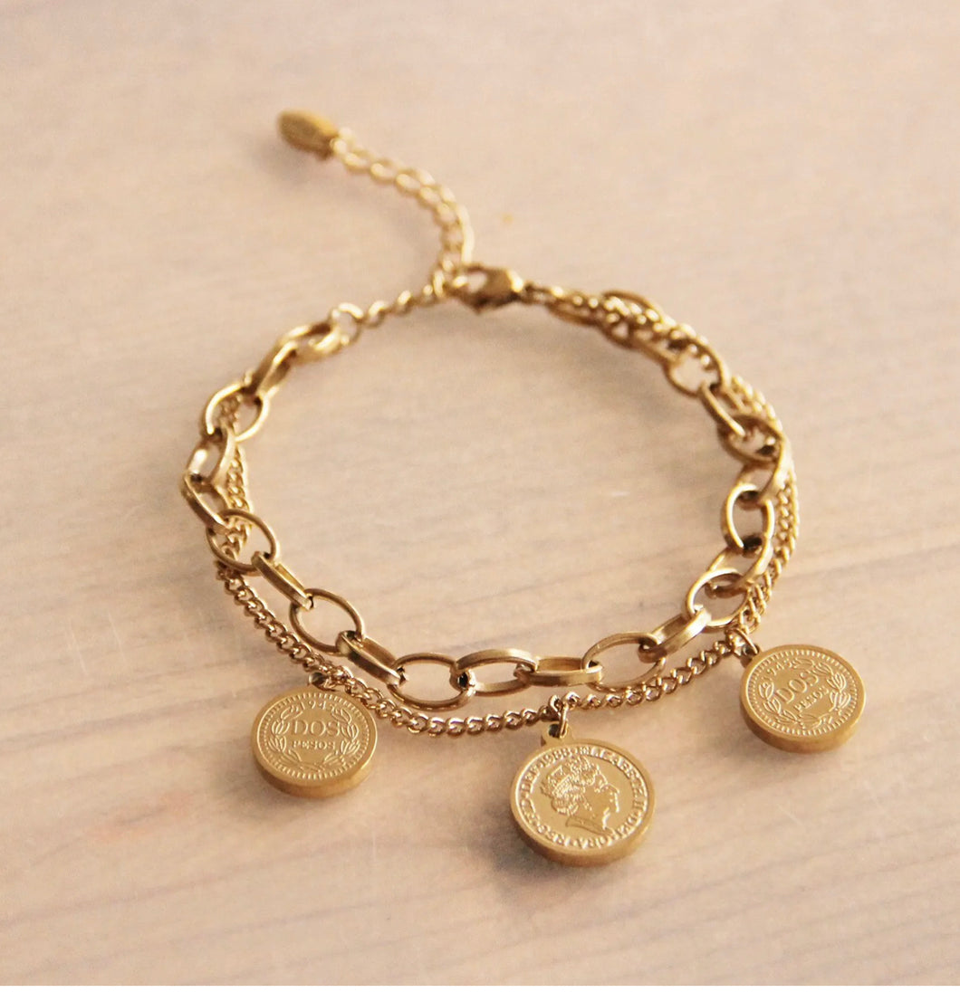 STAHLKETTENARMBAND + FEINES GLIED UND MÜNZEN - GOLD