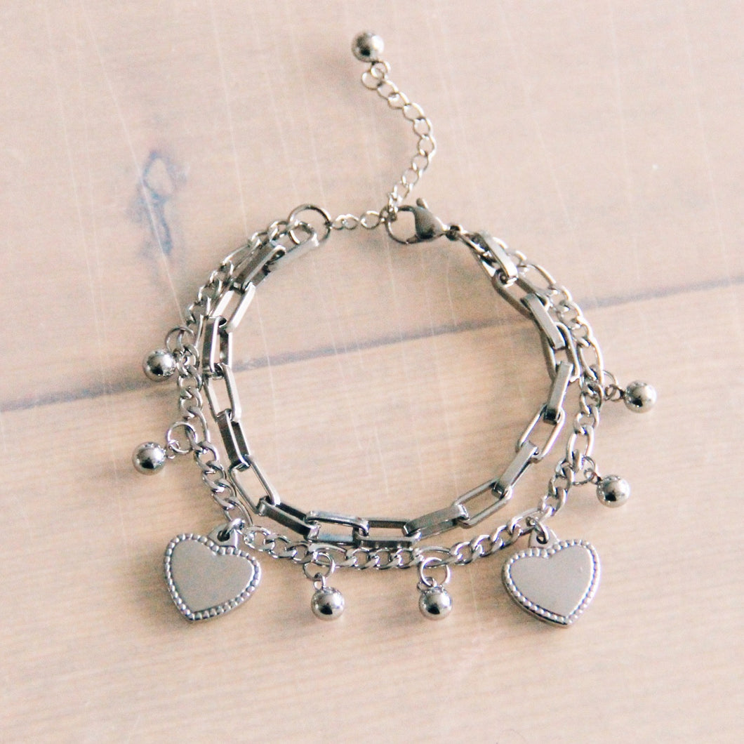 STEEL CHAIN BRACELET “MEDIUM” + LINK AND HEARTS - SILVER